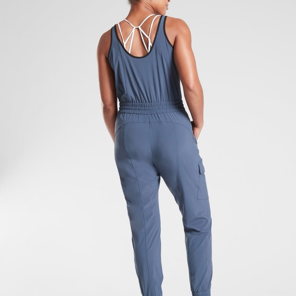 Athleta Unbound Jumpsuit Cargo Blue Relaxed Sleeveless Stretchy Loose 0 2 XS - Picture 3 of 15